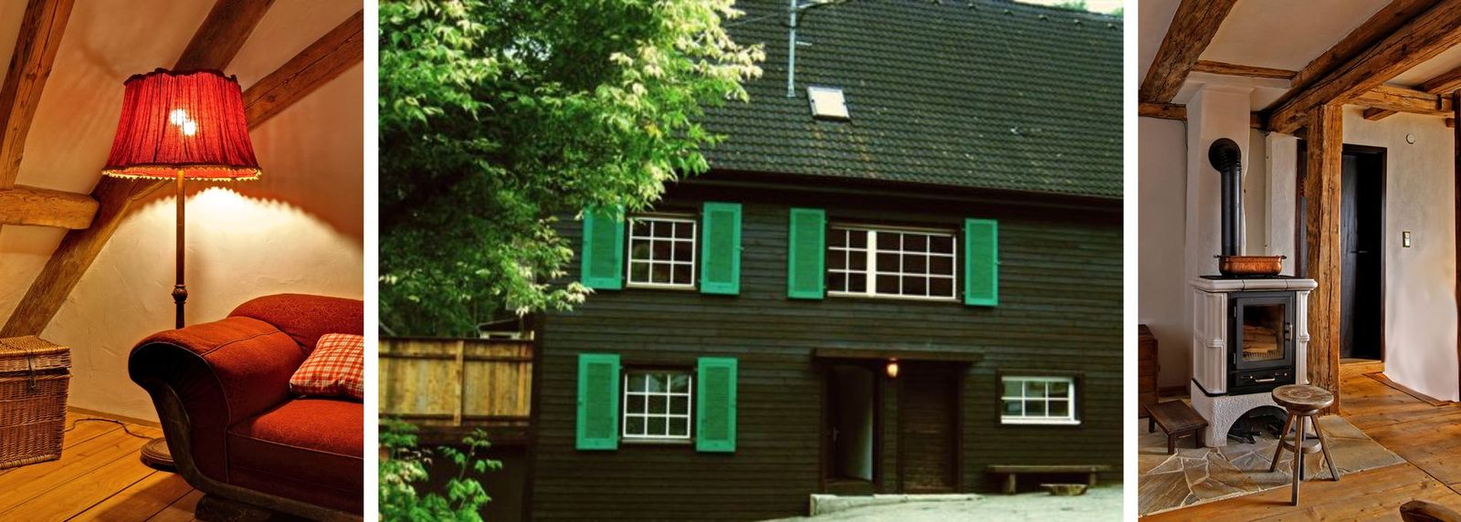Dachstube mit Kaminofen, historische Hausfassade mit grünen Fensterläden und Wohnküche mit Holzofen im Schwarzwaldbauernhaus Wutach
