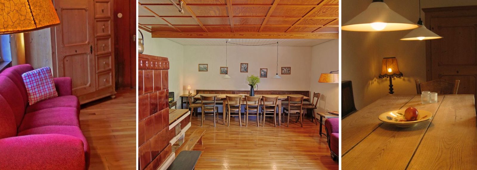 Gemütliche Bauernstube mit langem Esstisch und Kachelofen im Schwarzwaldbauernhaus Wutach